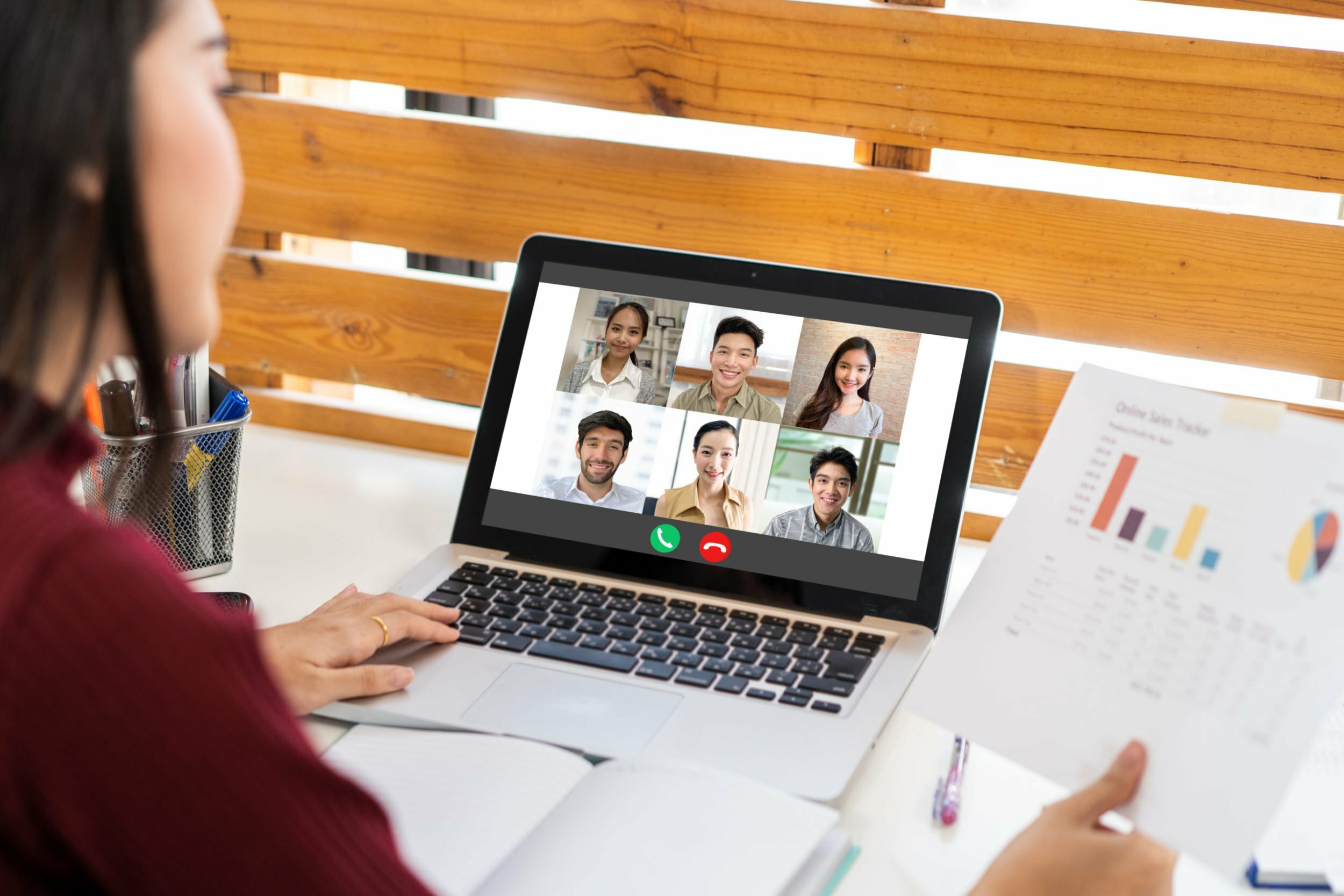 business woman talking to colleague team about plan in video conference.